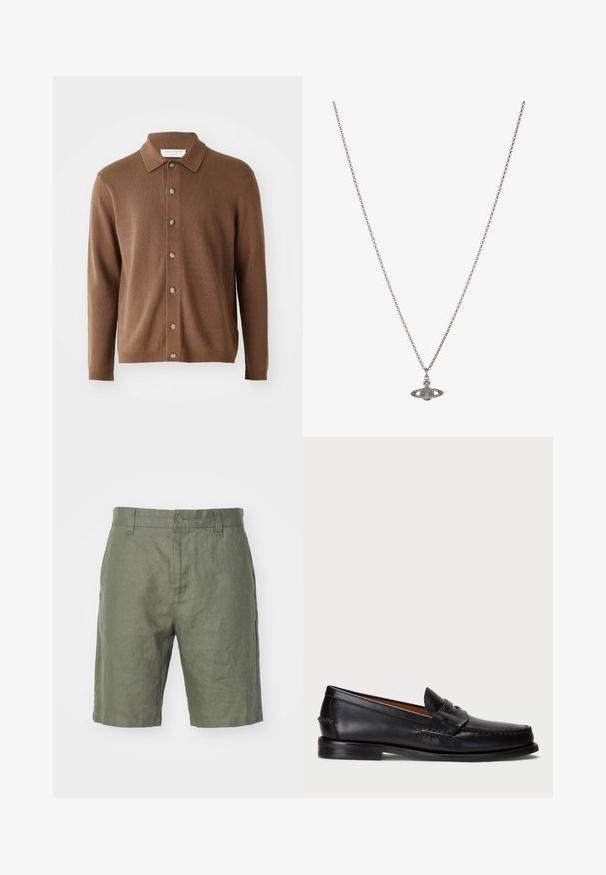 Hnedý pletený kardigan s golierom, so zapínaním na gombíky, dlhými rukávmi a vyrobený z mäkkého materiálu s jemnou textúrou.; Čierne bavlnené tričko s okrúhlym výstrihom a krátkymi rukávmi. Obsahuje decentné logo na prednej strane a rovný lem. Jednoduchý a minimalistický dizajn.; NN.07 CROWN - Šortky - khaki; Čierne kožené mokasíny s okrúhlym nosom, prešívaním a dekoratívnym remienkom vpredu. Plochá podrážka s minimálnym profilom.; Strieborný retiazkový náhrdelník s detailným príveskom v tvare planéty, zdobený malými akcentmi a zložitými vzormi.
