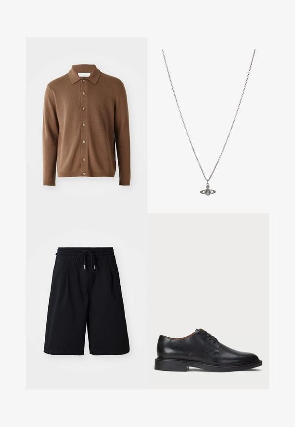 Hnedý pletený kardigan s golierom, so zapínaním na gombíky, dlhými rukávmi a vyrobený z mäkkého materiálu s jemnou textúrou.; Čierne bavlnené tričko s okrúhlym výstrihom a krátkymi rukávmi. Obsahuje decentné logo na prednej strane a rovný lem. Jednoduchý a minimalistický dizajn.; Čierne šortky s elastickým pásom a šnúrkou, vyrobené z ľahkého materiálu. Majú voľný strih a žiadne viditeľné vzory ani akcenty.; Čierne kožené spoločenské topánky s okrúhlym špičkou, šnurovacím dizajnom a nízkym zloženým podpätkom. Hladký povrch s minimálnymi švovými detailmi.; Strieborný retiazkový náhrdelník s detailným príveskom v tvare planéty, zdobený malými akcentmi a zložitými vzormi.