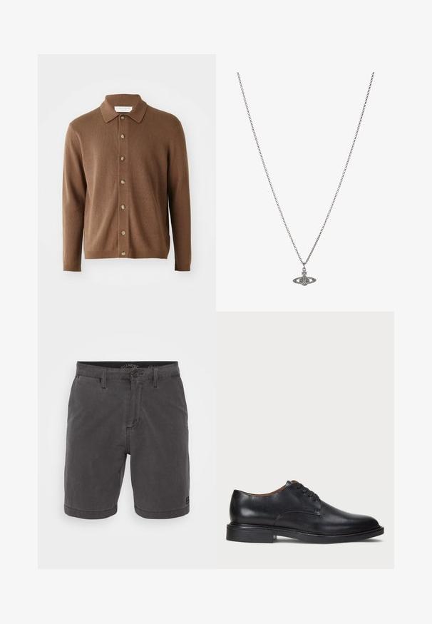 Barna kötött kardigán, galléros nyakkal, gombos elejével és hosszú ujjaival, puha anyagból készült, finom textúrával.; Fekete pamut póló kerek nyakkal és rövid ujjakkal. Diszkrét elülső logóval és egyenes szegéllyel rendelkezik. Egyszerű és minimalista dizájn.; Szürke pamut rövidnadrág gombos záródással, négy zsebbel és szőtt címkével az alján, egyenes szabású és sima tapintású.; Fekete bőrből készült dresszcipő kerek orral, fűzős kialakítással és alacsony, rétegelt sarkával. Simás felület minimális varrási részletekkel.; Ezüst lánc nyaklánc, részletes, bolygó formájú medállal, kicsi díszítőelemekkel és összetett mintákkal díszítve.