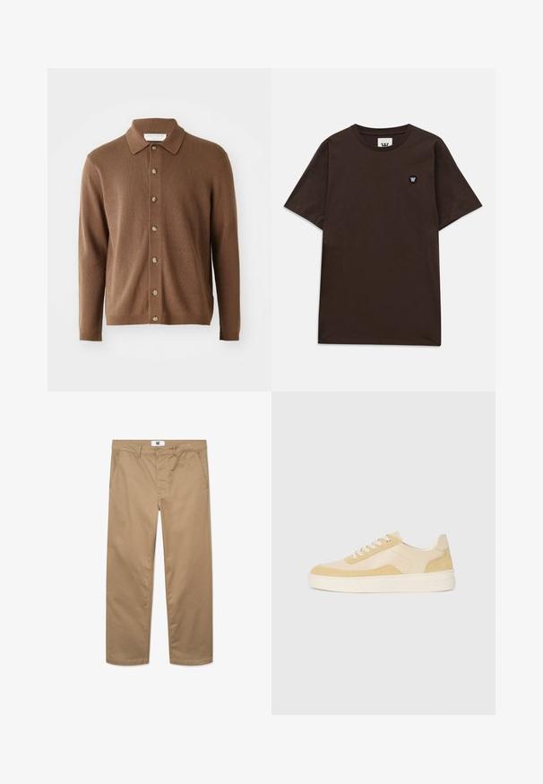 Ruskea neulecardigan, jossa on kauluskavennus, napit edessä ja pitkät hihat, valmistettu pehmeästä materiaalista, jossa on hienovaraista tekstuuria.; T-paita tummanruskeana, lyhythihaisena, pyöreällä kaula-aukolla ja pienellä mustavalkealla logopatchilla vasemmassa ylärinnassa.; Khaki puuvillahousut suoranlahkeisella muotoilulla, jossa on yhden napin sulkeminen, vyölenkit ja kaksi sivutaskua. Tasainen pinta.; Tennarit vaaleankeltaisesta nukasta ja nahasta, joissa on pehmustettu pohja ja ommellut yksityiskohdat. Klassinen nauhoitettava muotoilu ja pyöreä kärki.