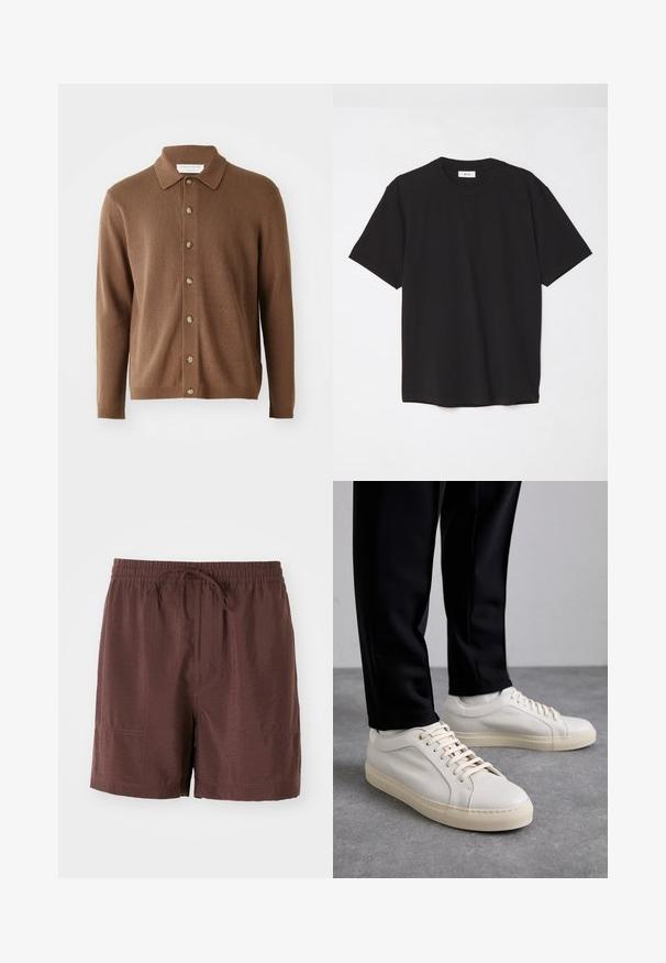 Cardigan en tricot brun avec un col, comportant une fermeture à boutons et des manches longues, fabriqué à partir d'un matériau doux avec une texture subtile.; T-shirt en coton noir avec un col ras du cou, des manches courtes et une coupe décontractée. Design simple, texture lisse, sans motifs ni logos visibles.; Shorts légers marron avec une taille élastique et un cordon de serrage. Présentent des poches latérales et une texture lisse légèrement brillante.; Baskets en cuir beige clair avec des lacets plats, une surface texturée et une semelle en caoutchouc crème contrastante, associées à un pantalon noir fuselé.