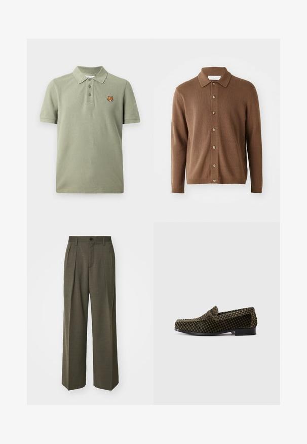 Brown knit cardigan with a collared neckline, featuring a button front and long sleeves, made from soft material with a subtle texture.; Polo shirt in light olive green, made of cotton, featuring a three-button placket and a stitched fox head emblem on the left chest.; Filippa K WIDE TROUSERS - Trousers - driftwood; Men’s low heel loafer in black and olive houndstooth fabric with rounded toe and slip-on design.