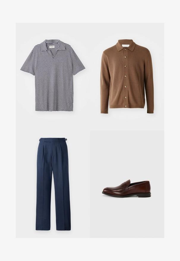 Brūns adīts kardigans ar apkakles dekoltē, ar pogu priekšpusi un garām piedurknēm, izgatavots no mīksta materiāla ar vieglu faktūru.; Svītrainā polo kreklā ar V veida kakla izgriezumu, kas dekorēts ar jūras zila un baltā krāsā svītrām, īsām piedurknēm un mīkstu, vieglu audumu.; Navy zila piegriezuma bikses, izgatavotas no teksturēta auduma, ar augstu jostas vietu, krokām un regulējamām sānu siksnām piestiprināšanai.; Brūni ādas loaferi ar noapaļotu purngalu, priekšējo siksniņu un zemu krautu papēdi. Gluda tekstūra ar minimāliem dekoratīviem akcentiem.