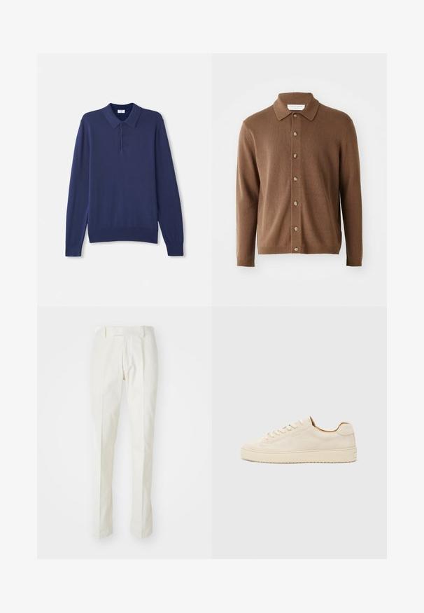 Bruine gebreide cardigan met een kraaghals, voorzien van een knoopsluiting en lange mouwen, gemaakt van een zacht materiaal met een subtiele textuur.; Navyblauwe poloshirt met lange mouwen, gemaakt van zachte brei. Voorzien van een klassieke kraag, drie knopen en ribgebreide manchetten en zoom.; Witte broek van katoen, met een recht model, platte voorkant en geen zichtbare patronen of hardware. Glad materiaal.; Beige suède sneaker met een low-top ontwerp, ronde neus, platte veters en een gestructureerde rubberen zool. Minimalistische stijl zonder zichtbare logo's.