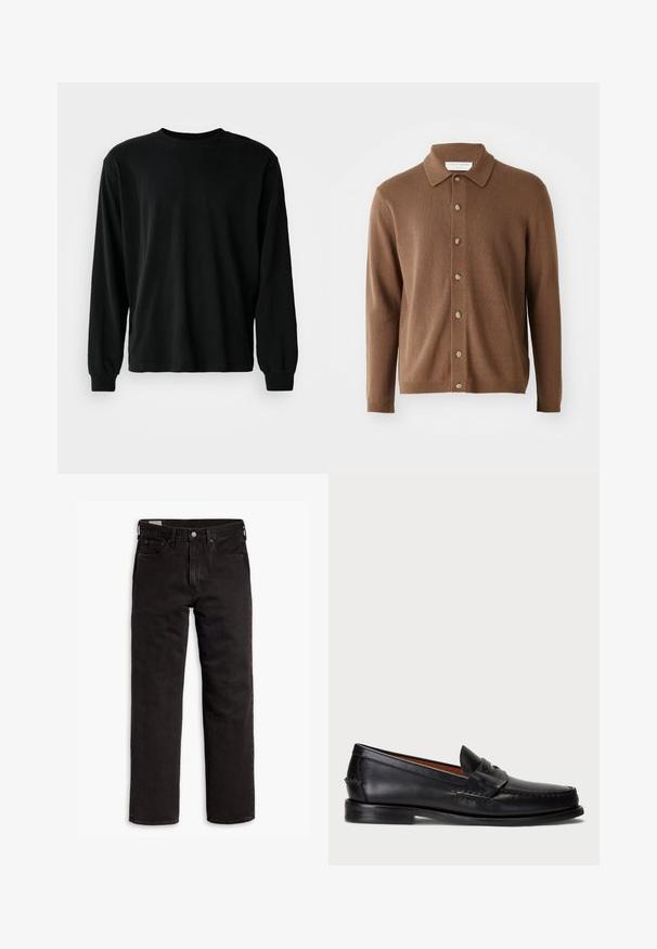 Cardigan lavorato a maglia marrone con collo a bavero, caratterizzato da bottoni frontali e maniche lunghe, realizzato in un materiale morbido con una leggera texture.; Maglietta nera a maniche lunghe in cotone, con collo rotondo, vestibilità rilassata e polsini aderenti, con una consistenza liscia e senza motivi visibili.; Jeans in denim neri a gamba dritta con cinque tasche, chiusura a bottone e passanti per cintura, adagiati su uno sfondo bianco.; Mocassino in pelle nera con punta arrotondata, dettagli cuciti e una fascia decorativa sul davanti. Suola piatta con profilo minimal.