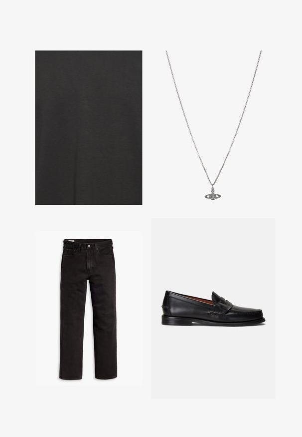 Ruskea neulecardigan, jossa on kauluskavennus, napit edessä ja pitkät hihat, valmistettu pehmeästä materiaalista, jossa on hienovaraista tekstuuria.; Mustat t-paidat ovat pehmeää kangasta, joissa on sileä pinta ja yksinkertainen muotoilu ilman kuvioita tai koristeita.; Mustat suorat farkut, joissa on viisi taskua, nappisulku ja vyölenkit, aseteltuna tasaisesti valkoista taustaa vasten.; Musta nahkainen loafer, jossa on sileä pinta, pyöristetty kärki ja koristeellinen nauha päälliosassa. Varustettu matalalla mustalla pohjalla.; Hopeaketju, jossa on yksityiskohtainen riipus planeetan muodossa, koristeltuna pienillä yksityiskohdilla ja monimutkaisilla kuvioilla.