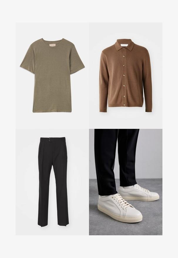 Ruda megzta kardiganas su apykakle, su mygtukų priekiu ir ilgomis rankovėmis, pagamintas iš minkštos medžiagos su subtiliu tekstūravimu.; Tamsiai žalias trumpomis rankovėmis marškinėliai su apvalia iškirpte, pagaminti iš minkštos medžiagos. Turi tiesų apatinių kraštą ir jokio matomo rašto ar akcentų.; Juodi pritaikyti kelnių, turinčių tiesų kojų dizainą, dvi priekinės kišenės ir dvigubą mygtuko užsegimą liemenyje. Lygus audinio paviršius.; Šviesūs smėlio spalvos odiniai sportbačiai su plokščiomis raišteliais, tekstūruotu paviršiumi ir kontrastinga kreminės spalvos gumine padu, derinami su juodomis siaurėjančiomis kelnėmis.