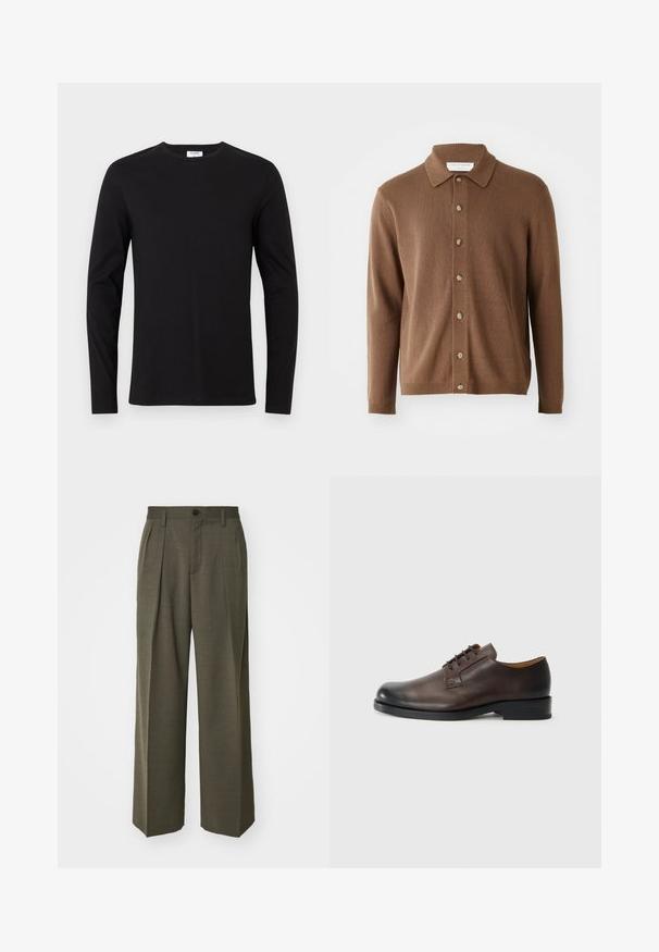 Brun strikket cardigan med krageutskjæring, med knappåpning foran og lange ermer, laget av mykt materiale med en subtil tekstur.; Svart langermet T-skjorte laget av bomull, med rund hals og et enkelt design uten synlige mønstre eller dekorasjoner.; Filippa K WIDE TROUSERS - Bukse - driftwood; Brune lær sko med en rund tå, lav hæl, snøredesign og glat tekstur. Har minimal søm og en poleret finish.