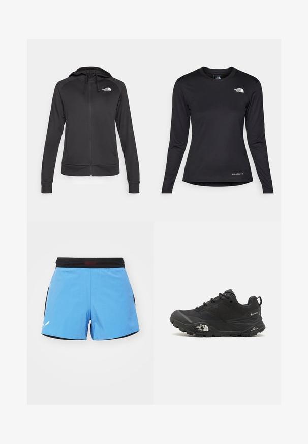 The North Face REAXION HOODED FULL ZIP JACKET - Vetoketjullinen college - black heather; The North Face SHADOW LONG SLEEVE - Pitkähihainen paita - black; Vaaleansiniset urheilushortsit mustalla vyötärönauhalla, sivuilla verkkopaneelit ja valkoinen logo helman kohdalla. Pehmeä, nopeasti kuivuva kangas.; Musta vaelluskengä, jossa on teksturoitu päällinen, nauhakiinnitys ja paksu kumipohja, jossa on näkyvä logo sivulla ja kavennuskuviointi.