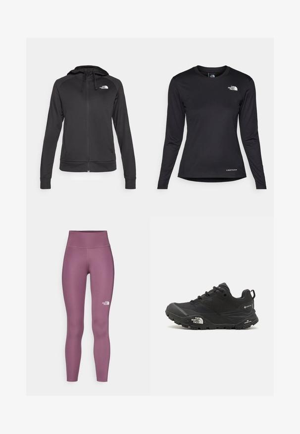 The North Face REAXION HOODED FULL ZIP JACKET - Zip-up sweatshirt - black heather; The North Face SHADOW LONG SLEEVE - Long sleeved top - black; The North Face FLEX 25IN TIGHT - Leggings - midnight mauve; Black hiking shoe with a textured upper, lace closure, and a chunky rubber sole featuring a prominent logo on the side and tread patterns.