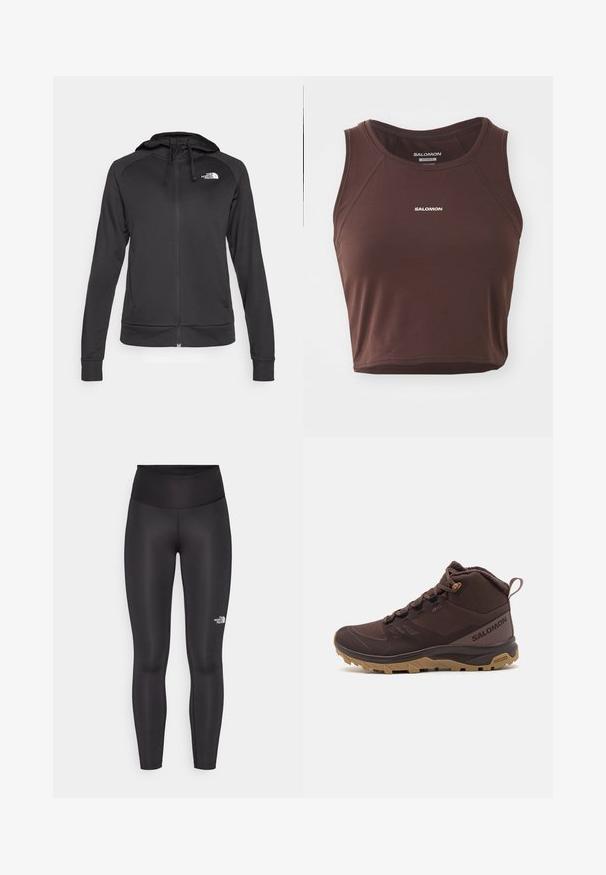 The North Face REAXION HOODED FULL ZIP JACKET - Camisola com fecho - black heather; Top de tanque castanho sem mangas, feito de tecido suave, com decote arredondado e detalhes de costura. Logótipo "SALOMON" em branco na frente.; Leggings pretas feitos de um tecido liso e elástico. Cintura alta com impressão discreta do logotipo na perna esquerda. Sem costuras visíveis.; Bota de caminhada castanha de altura média com parte superior texturizada, design com atacadores, sola de borracha e detalhes antiderrapantes. Apresenta logótipo no lado.