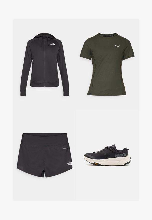 The North Face REAXION HOODED FULL ZIP JACKET - Φούτερ με φερμουάρ - black heather; Σκούρο πράσινο κοντομάνικο μπλουζάκι φτιαγμένο από υφασμάτινη ύφανση. Διαθέτει λευκό λογότυπο στο αριστερό στήθος και αντίθετες πλευρικές ραφές.; Μαύροι αθλητικοί σορτς με υφή, φαρδύ ελαστικό ύψος στη μέση και λεπτομέρεια λογότυπου στο πλάι από την The North Face. Σχεδιασμένα για αθλητική χρήση.; Μαύρα αθλητικά παπούτσια με άνω μέρος από αναπνεύσιμο διχτυωτό υλικό, καουτσούκ σόλα, λευκή ενδιάμεση σόλα με απορρόφηση κραδασμών και ανακλαστικά κορδόνια. Λογότυπο Vibram στη σόλα.