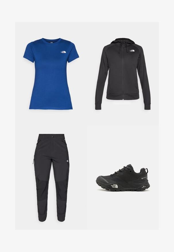 The North Face REAXION HOODED FULL ZIP JACKET - Jaka ar rāvējslēdzēju - black heather; Zils īsām piedurknēm T-krekls, izgatavots no kokvilnas un sintētisko šķiedru maisījuma. Tam ir apaļa kakla izgriezne un mazs balts logotips kreisajā krūšu daļā.; Melnas āra bikses, kas izgatavotas no izturīgas auduma. Tām ir kabatas ar rāvējslēdzējiem, pastiprināti ceļu paneļi un taisna griezuma dizains, kas nodrošina kustību brīvību.; Melnas pārgājienu kurpes ar teksturētu augšdaļu, sašņorējumu un masīvu gumijas zoli, kurai ir izteikts logotips sānos un protektora raksti.