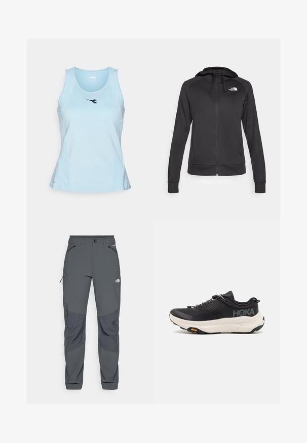 The North Face REAXION HOODED FULL ZIP JACKET - Lukuga pusa - black heather; Helella sinine sportlik tank-top, mis on valmistatud siledast kangast, ümarate krae ja tumeda sinise logoga rinnal.; Tumed hallid välistingimustes püksid, millel on tugevdused põlvedel, lukuga külje- ja eesTaskud, nupuga sulgur ning The North Face logo reie peal.; Mustad mustadused spordijalatsid, millel on hingav võrkkangast pealmine osa, kummist välistald, valge pehmendusega vaheosa ja peegeldavad nöörid. Vibrami logo välistalla peal.