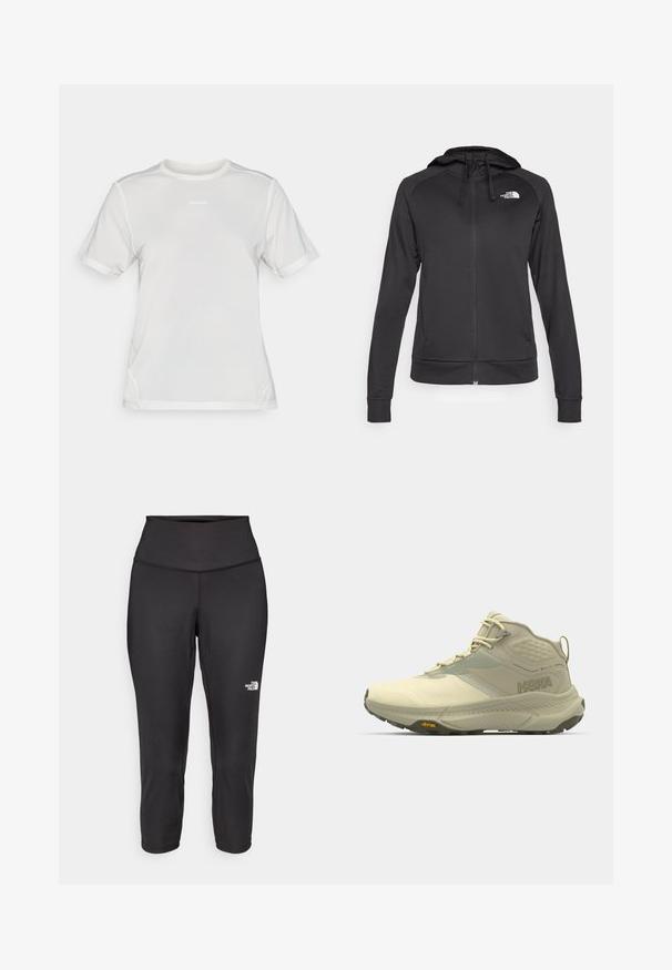 The North Face REAXION HOODED FULL ZIP JACKET - Camisola com fecho - black heather; Camisa atlética de malha branca de manga curta com gola redonda e pequeno logotipo "Salomon" centrado no peito.; Leggings capri pretos feitos de um tecido elástico, com uma cintura alta e um pequeno logótipo branco no lado esquerdo. Textura suave.; Bota de caminhada Hoka em bege claro, com um upper texturizado, fecho de atacadores e sola Vibram. Logótipo lateral distintivo e design de suporte.