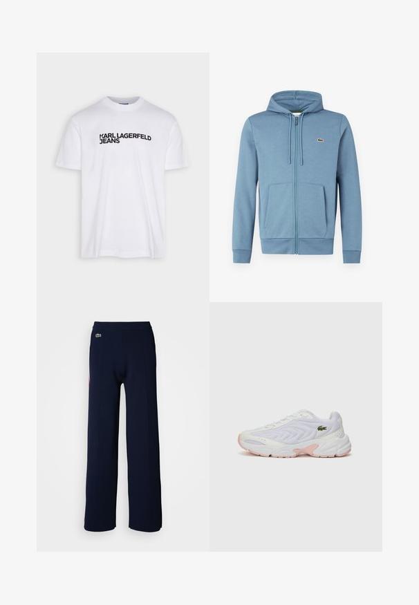 Lichtblauwe rits-hoodie van zachte stof. Voorzien van een trekkoordkap, voorzakken en een logopatch op de borst.; Witte katoenen t-shirt met een ronde hals, voorzien van een zwart bedrukt logo met de tekst "KARL LAGERFELD JEANS" over de borst.; Navyblauwe wijde broek met een zachte textuur, voorzien van een geribde tailleband en een klein groen logo op de voorkant, waardoor een schone uitstraling wordt benadrukt.; Witte sportieve schoenen met een gestructureerde mesh bovenwerk, subtiele roze accenten op de zool en een groene krokodil logo op de zijkant.