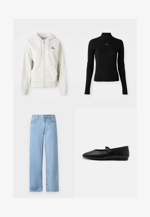 Gaišpelēka rāvējslēdzēja džemperis ar kapuci, priekšējām kabatām un mazu izšūtu logotipu uz krūtīm. Gluda tekstūra. Kokvilnas maisījuma materiāls.; Melnas garām piedurknēm tops ar augstu apkakli un pieguļošu dizainu. Priekšpusē ir neliela logo uzpleca. Gluda, ribota tekstūra.; Gaiši zili plati džinsi, izgatavoti no denim auduma, ar vidēji augstu jostasvietu, metāla pogu un piecām kabatām ar redzamām šuvēm.; Melnas ādas plakanas kurpes ar vērptu purngalu, regulējamu siksniņu un zemu papēdi. Gluda tekstūra un minimālisma dizains, kas piemērots dažādām apģērba kombinācijām.