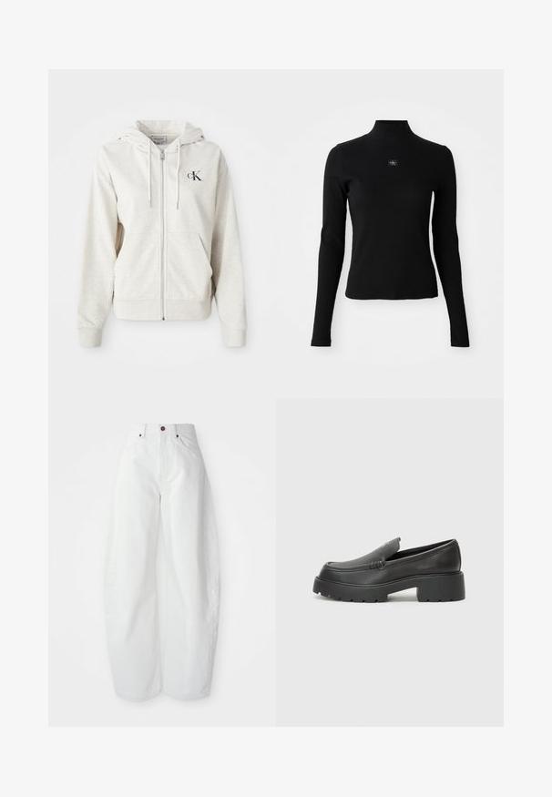 Világosszürke cipzáras kapucnis pulóver, állítható kapucnival, elülső zsebekkel és egy kis hímzett logóval a mellkas területén. Simább textúra. Pamut keverék anyag.; Fekete, hosszú ujjú felső magas nyakkal és testhezálló fazonnal. A mellrészen egy kis logó folt található. Sima, bordázott textúra.; Magas derekú, laza szabású fehér farmernadrág. Gombos záródás, oldalsó zsebek és minimalista dizájn jellemzi. Sima textúra.; Fekete bőr loafer cipők kerek orral, vastag, texturált talppal és minimális varrási részletekkel. Áramvonalas dizájn, látható fűzők vagy fém részek nélkül.