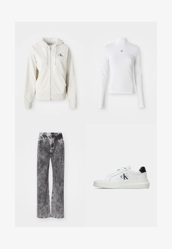 Světle šedá mikina na zip s kapucí na stahovací šňůrku, předními kapsami a malým vyšitým logem na hrudi. Hladká textura. Materiál z bavlněné směsi.; Bílý sveter s dlouhým rukávem a rolákem vyrobený z žebrovaného materiálu. Vlastní malé vyšívané logo uprostřed. Přiléhavý střih bez vzorů.; Džíny s vysokým pasem a širokými nohavicemi v černobílé vybledlé barvě, s pěti kapsami a kontrastním šitím podél lemu.; Bílé nízké tenisky s černým patním tabem, platformovou podrážkou, tkaničkami a logem Calvin Klein "CK" na boku.