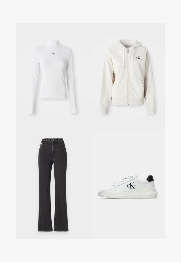 Šviesiai pilkas užtrauktuku užsisegantis džemperis su raištelių kepure, priekinėmis kišenėmis ir mažai siuvinėta logo krūtinėje. Lygus paviršius. Medvilnės mišinio medžiaga.; Ilgas rankovės baltas golfas, pagamintas iš raukšlėtos medžiagos. Pasižymi mažuoju siuvinėtu logotipu centre. Prigludusio dizaino, be raštų.; Juodi aukštu liemeniu platėjantys džinsai, pagaminti iš džinsinio audinio, su mygtuko uždarymu, diržo kilpomis ir šoninėmis kišenėmis. Lygus paviršius su minimaliais išblukimais.; Balti žemakulniai bateliai su juodu kulno dangteliu, platformos padu, raišteliais ir Calvin Klein "CK" logotipu šone.