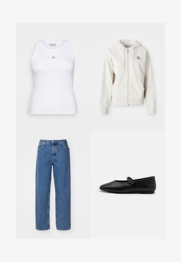 Helehall hallidega jakki, millel on kohandatav kapuuts, esiküljel taskud ja väikene tikand rinnal. Sile tekstuur. Puuvilla segu materjal.; Valge puuvillane tank top ribatud tekstuuriga, millel on keskel väike hõbedane logoaktsent. Ümar kaelus ja ilma varrukateta disain.; Heledad sinine teksad, kõrge vöökohaga, sirge jala disainiga, viie taskuga stiil ja veidi pleekinud tekstuur. Nööp ja rihm sulgemiseks.; Must musta nahkse disaini ja terava nina, reguleeritava rihmaga ja madala kontsaga. Sile pind ja minimalistlik disain, sobib erinevate riietuste jaoks.