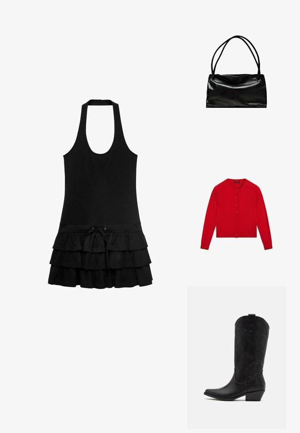 Czerwony sweter z dzianiny z długimi rękawami, okrągłym dekoltem i zapięciem na guziki. Posiada ściągacz u dołu i na rękawach. Gładka tekstura.; Czarna sukienka bez rękawów z dekoltem halter, z dopasowanym korpusem i falbankową spódnicą o warstwach, z regulowanym pasem na sznurek.; Czarne skórzane kowbojskie buty z wydłużonym noskiem, niskim, szczotkowanym obcasem oraz misternym tłoczonym wzorem liści na cholewie. Pętla u góry ułatwiająca zakładanie.; Czarna skórzana torba o gładkiej fakturze, prostokątnym kształcie i dwóch długich uchwytach. Prosty design bez widocznych elementów metalowych czy ozdób.