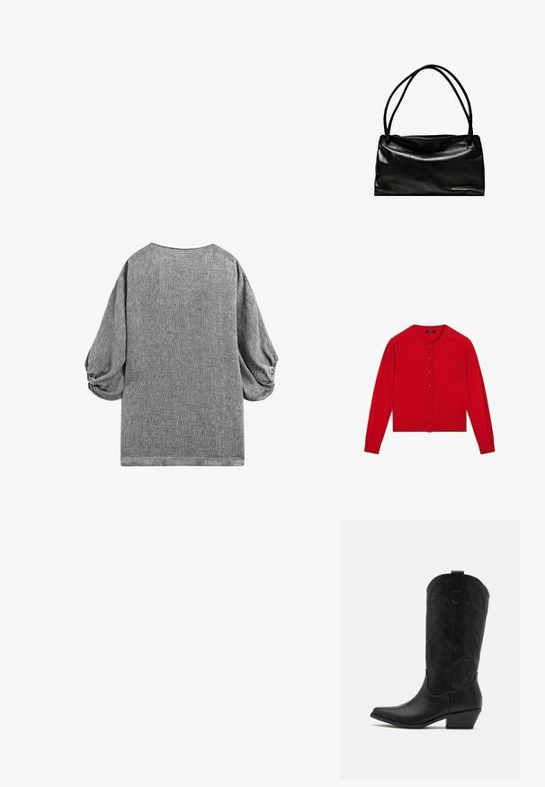 Czerwony sweter z dzianiny z długimi rękawami, okrągłym dekoltem i zapięciem na guziki. Posiada ściągacz u dołu i na rękawach. Gładka tekstura.; Szary top z krótkim rękawem o luźnym kroju i marszczonym kimonowym rękawie. Teksturowany materiał z subtelnym wzorem i okrągłym dekoltem.; Czarne skórzane kowbojskie buty z wydłużonym noskiem, niskim, szczotkowanym obcasem oraz misternym tłoczonym wzorem liści na cholewie. Pętla u góry ułatwiająca zakładanie.; Czarna skórzana torba o gładkiej fakturze, prostokątnym kształcie i dwóch długich uchwytach. Prosty design bez widocznych elementów metalowych czy ozdób.