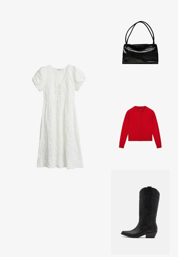 Rode gebreide cardigan met lange mouwen, ronde hals en knoopsluiting. Heeft een geribbelde zoom en manchetten. Soepele textuur.; Witte jurk van een textuurstof, met korte pofmouwen, een V-hals en een strikdetail op de borst, die tot halverwege de kuit valt.; Zwarte leren cowboylaars met spitse neus, lage gestapelde hak en een ingewikkeld geïmbossieerd bladerenpatroon op de schacht. Lus aan de bovenkant voor eenvoudig aantrekken.; Zwarte leren tas met een gladde structuur, rechthoekige vorm en twee lange handgrepen. Eenvoudig ontwerp zonder zichtbare hardware of versieringen.