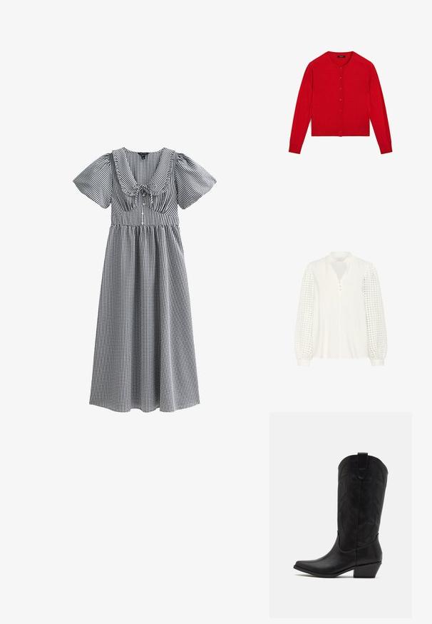 Rode gebreide cardigan met lange mouwen, ronde hals en knoopsluiting. Heeft een geribbelde zoom en manchetten. Soepele textuur.; Kaffe Blouse - chalk; Zwart-witte gingham jurk met korte pofmouwen, een brede halslijn, gathered taille en een rok tot op de knie. Heeft een strik in het midden.; Zwarte leren cowboylaars met spitse neus, lage gestapelde hak en een ingewikkeld geïmbossieerd bladerenpatroon op de schacht. Lus aan de bovenkant voor eenvoudig aantrekken.; Zwarte leren tas met een gladde structuur, rechthoekige vorm en twee lange handgrepen. Eenvoudig ontwerp zonder zichtbare hardware of versieringen.