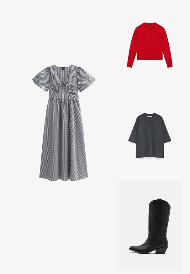 Czerwony sweter z dzianiny z długimi rękawami, okrągłym dekoltem i zapięciem na guziki. Posiada ściągacz u dołu i na rękawach. Gładka tekstura.; Ciemnoszara koszulka polo z krótkim rękawem, kołnierzykiem i pięcioma guzikami. Miękka, fakturowana tkanina o luźnym kroju.; Czarna i biała sukienka w kratkę z krótkimi bufkami, szerokim dekoltem, marszczoną talią i spódnicą sięgającą kolan. Zawiera kokardę na środku.; Czarne skórzane kowbojskie buty z wydłużonym noskiem, niskim, szczotkowanym obcasem oraz misternym tłoczonym wzorem liści na cholewie. Pętla u góry ułatwiająca zakładanie.; Czarna skórzana torba o gładkiej fakturze, prostokątnym kształcie i dwóch długich uchwytach. Prosty design bez widocznych elementów metalowych czy ozdób.