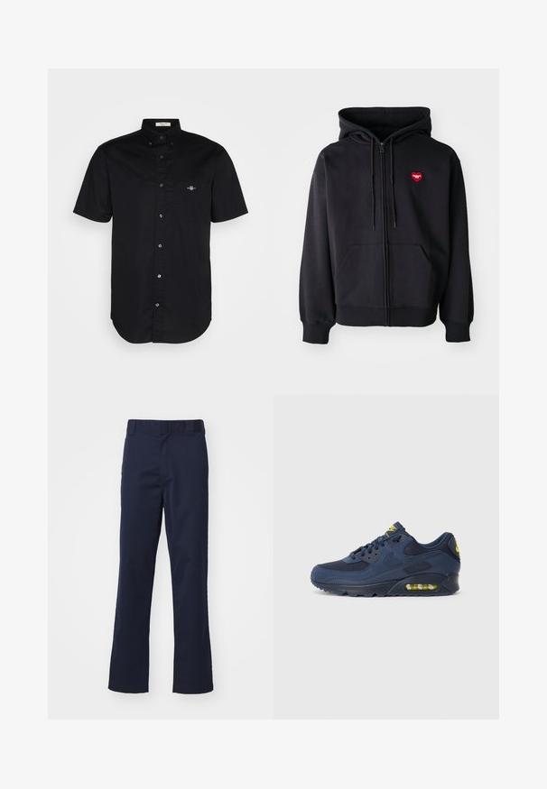 Sudadera con cremallera negra de mezcla de algodón, con un bolsillo frontal y un logo de corazón rojo en el pecho izquierdo. Textura suave, capucha ajustable con cordón.; Camisa negra de manga corta, material de algodón, cuello abotonado, bolsillo frontal con logotipo bordado, dobladillo recto, textura suave.; Pantalones azul marino hechos de tela, con un diseño de pierna recta, presillas para cinturón y un acabado limpio en el dobladillo. Sin patrones o acentos visibles.; Zapatillas Nike Air Max en color azul marino, con parte superior de ante y malla, que presentan acentos amarillos, cordones en la parte frontal y amortiguación de aire visible en la suela.