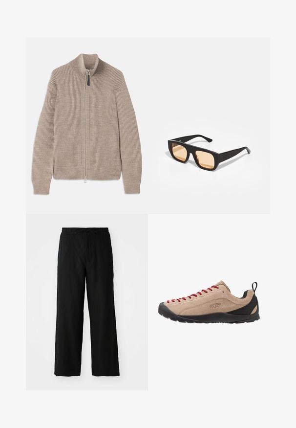 Beige gebreide zip-up trui met geribbelde textuur, hoge kraag en lange mouwen. Voorzien van een metalen rits en zonder extra patronen.; Zwarte overhemddas met lange mouwen, gemaakt van glanzend, glad materiaal. Heeft een klassieke kraag en een zichtbare knoopsluiting.; Zwarte wijde broek van lichtgewicht stof, met een elastische tailleband met trekkoord en zonder zichtbare zakken of patronen.; Beige suède lage schoenen met rode veters, een zwarte rubberen zool en mesh accenten bij de hak voor ademend vermogen en comfort.; Zwarte vierkante zonnebrillen met oranje-tint lenzen. Mat afwerking met dikke monturen. Rechte pootjes zonder versieringen.; Zwarte leren tas met een trekkoordsluiting, zachte textuur, ronde vorm en een minimalistisch gouden logo aan de zijkant. Inclusief schouderriem.