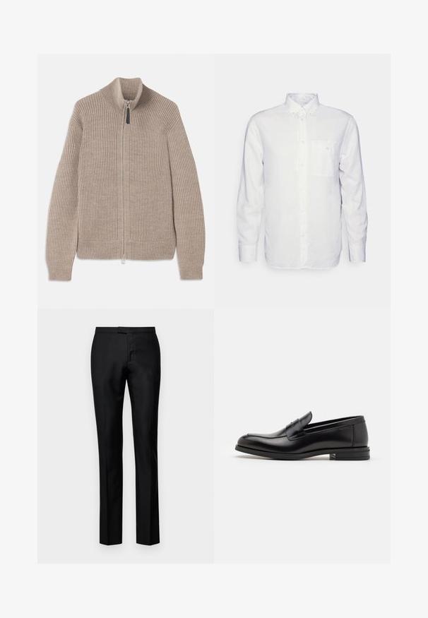 Bežna pletena jopica z zadrgo, ribasto teksturo, visokim ovratnikom in dolgimi rokavi. Ima kovinsko zadrgo in brez dodatnih vzorcev.; Bela srajca z dolgimi rokavi iz bombaža, z znižanimi ovratnikom, sprednjim žepom in običajnim krojem. Teksturirana tkanina s gladko površino.; Črne krojene hlače z gladko teksturo, ravnima nogama, z zadrgo in standardnim pasom, ki imajo diskretne sprednje žepe.; Črne usnjene loafer čevlje z gladko teksturo, zaobljenim nosom in dekorativnim trakom čez zgornji del. Nizka zložena peta, minimalističen dizajn.