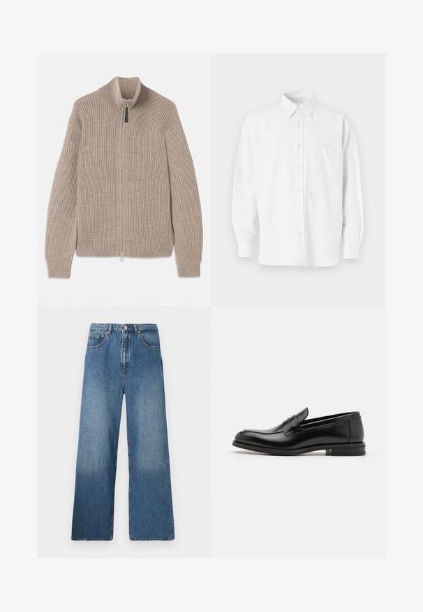 Bežna pletena jopica z zadrgo, ribasto teksturo, visokim ovratnikom in dolgimi rokavi. Ima kovinsko zadrgo in brez dodatnih vzorcev.; Bela srajca z ovratnikom, ki ima subtilne navpične črte, dolge rokave, žep na prsih in klasičen zaobljen rob.; Široke modre kavbojke iz denima z klasičnim pet-imenským vtičem, zapiranje spredaj s gumbom in rahlo zbledelostjo za teksturo.; Črne usnjene loafer čevlje z gladko teksturo, zaobljenim nosom in dekorativnim trakom čez zgornji del. Nizka zložena peta, minimalističen dizajn.