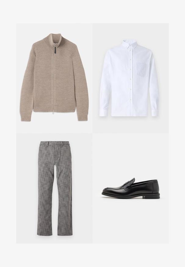 Beige knitted zip-up sweater with ribbed texture, high collar, and long sleeves. Features a metallic zipper and no additional patterns.; White long-sleeve button-up shirt made of cotton, featuring a chest pocket with tonal embroidery, a collar, and button cuffs.; Gray patterned trousers with a straight-leg design. Made from a textured fabric, featuring a front clasp and side pockets.; Black leather loafers with a smooth texture, rounded toe, and a decorative strap across the vamp. Low stacked heel, minimalist design.