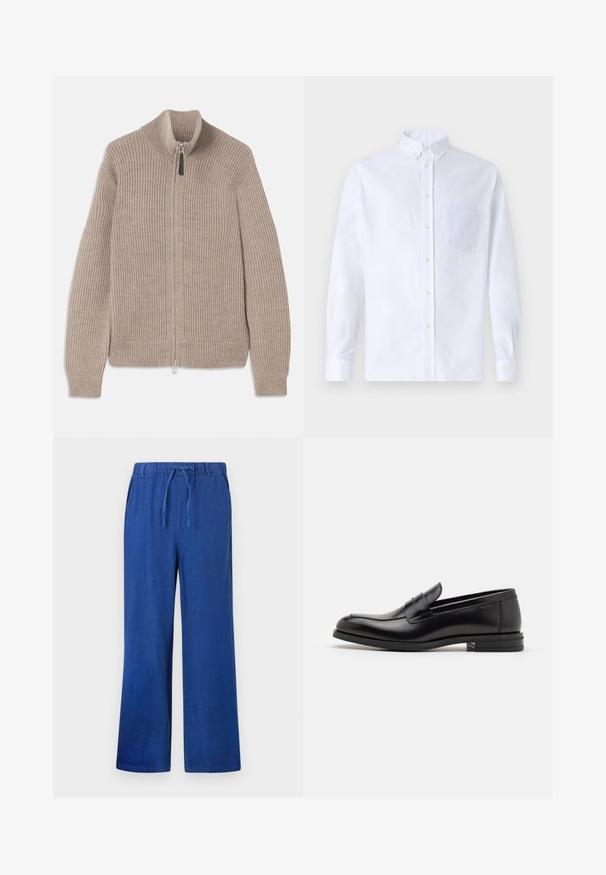 Pulover bej tricotat cu fermoar, cu textură ribbed, guler înalt și mâneci lungi. Prezintă un fermoar metalic și fără modele suplimentare.; Cămașă albă cu mânecă lungă, din bumbac, prevăzută cu un buzunar pe piept cu broderie tonală, guler și manșete cu buton.; Pantaloni largi albastre cu talie elastică și șnur, având buzunare laterale, expuși pe un fundal alb.; Mocasini din piele neagră cu o textură netedă, vârf rotund și o curea decorativă peste partea superioară. Toc mic, design minimalist.