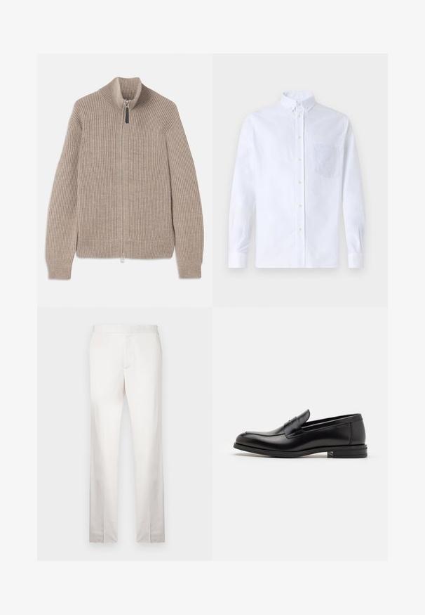 Béžový pletený svetr na zip s žebrovanou strukturou, vysokým límcem a dlouhými rukávy. Obsahuje kovový zip a žádné další vzory.; Bílá dlouhá košile s knoflíky vyrobená z bavlny, která má náprsní kapsu s tónovanou výšivkou, límec a knoflíkové manžety.; Světlé béžové kalhoty na míru s hladkou texturou, rovnými nohavicemi, plochým předním dílem a minimálním švem. Žádné viditelné kapsy.; Černé kožené polobotky s hladkou texturou, zaoblenou špičkou a zdobným páskem přes nárt. Nízký stohovaný podpatek, minimalistický design.