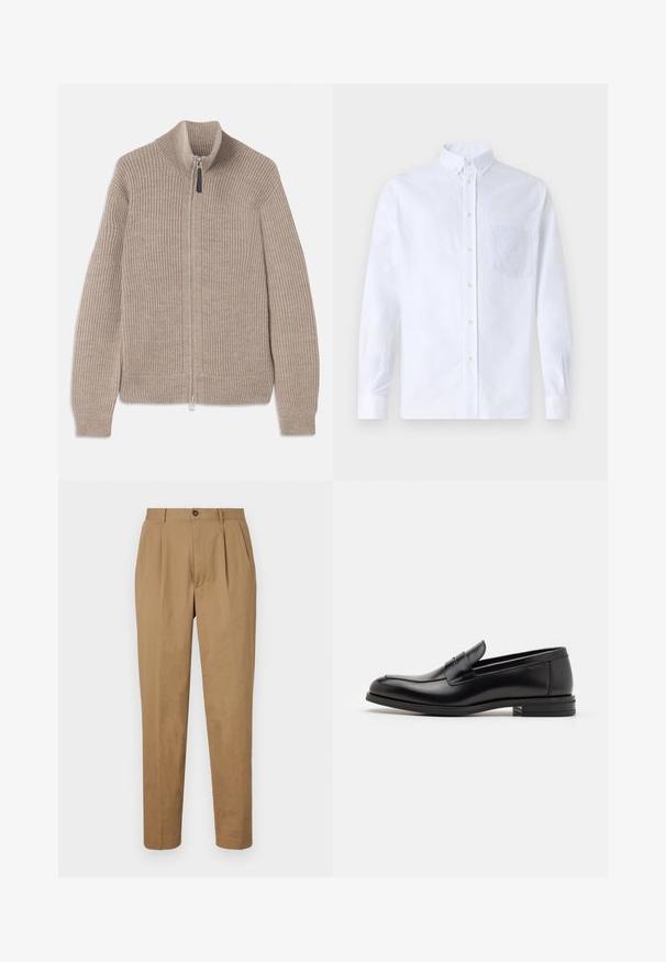 Maglione beige in maglia con zip, texture a coste, colletto alto e maniche lunghe. Presenta una zip metallica e nessun motivo aggiuntivo.; Camicia bianca a maniche lunghe con bottoni, realizzata in cotone, caratterizzata da una tasca sul petto con ricamo tonale, colletto e polsini con bottoni.; Pantaloni plettati beige con taglio dritto, realizzati in un tessuto morbido. Presentano una chiusura frontale con bottone e tasche laterali.; Mocassini neri in pelle con una texture liscia, punta arrotondata e una striscia decorativa sulla tomaia. Tacco basso impilato, design minimalista.