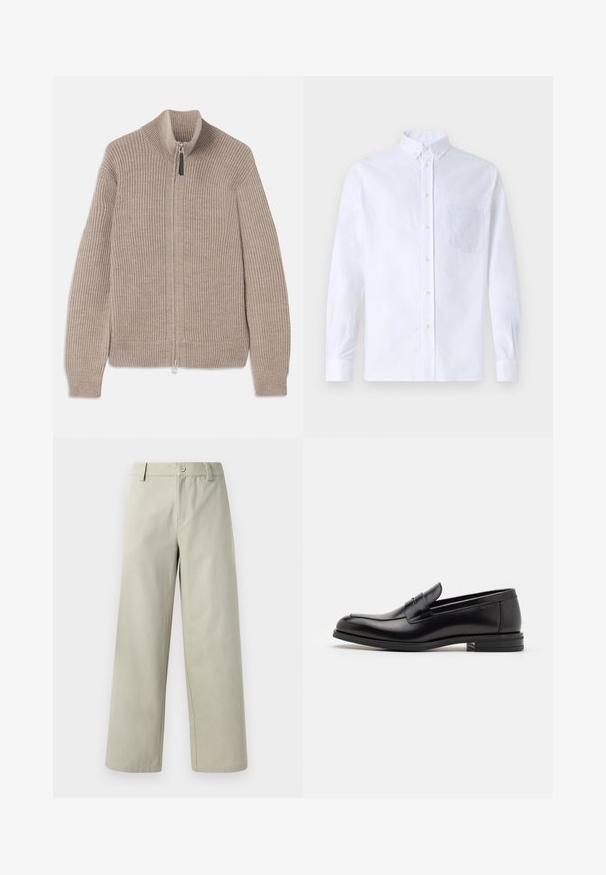 Beige knitted zip-up sweater with ribbed texture, high collar, and long sleeves. Features a metallic zipper and no additional patterns.; White long-sleeve button-up shirt made of cotton, featuring a chest pocket with tonal embroidery, a collar, and button cuffs.; Han Kjøbenhavn WIDE LEG - Trousers - light grey; Black leather loafers with a smooth texture, rounded toe, and a decorative strap across the vamp. Low stacked heel, minimalist design.