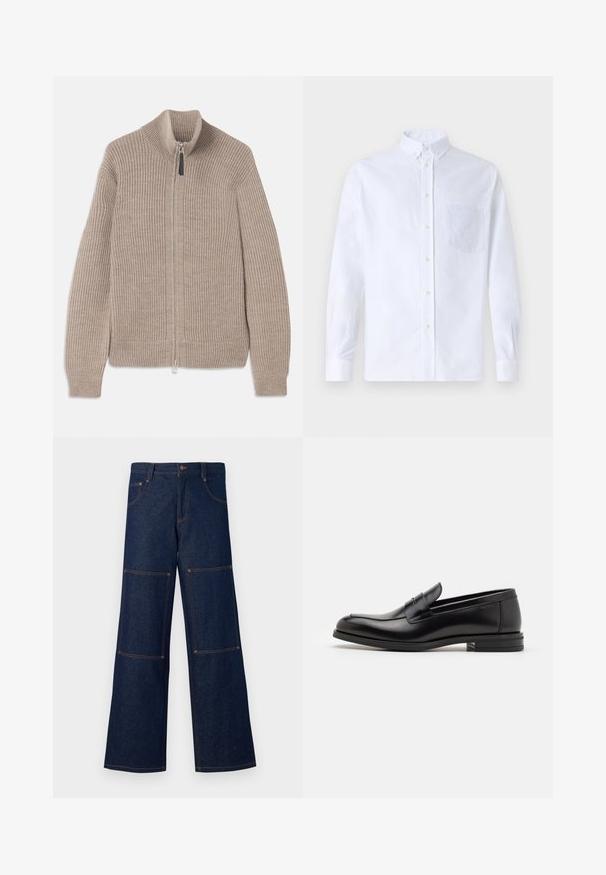 Pulover bej tricotat cu fermoar, cu textură ribbed, guler înalt și mâneci lungi. Prezintă un fermoar metalic și fără modele suplimentare.; Cămașă albă cu mânecă lungă, din bumbac, prevăzută cu un buzunar pe piept cu broderie tonală, guler și manșete cu buton.; Pantaloni largi din denim de culoare albastru închis, cu cusături contrastante de culoare portocalie, având buzunare mari pe fiecare picior și o închidere cu nasture la talie.; Mocasini din piele neagră cu o textură netedă, vârf rotund și o curea decorativă peste partea superioară. Toc mic, design minimalist.