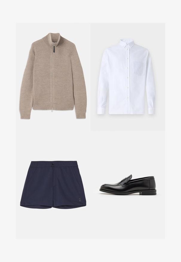 Bežs adīts džemperis ar rāvējslēdzēju, ar ribotu tekstūru, augstu apkakli un garām piedurknēm. Iezīmējas ar metāla rāvējslēdzēju un bez papildu rakstiem.; Balts garo piedurknēm krekliņš ar pogām, izgatavots no kokvilnas, ar krūšu kabatu ar tonālu izšuvumu, apkakli un pogām pie piedurknēm.; Ron Dorff TENNIS - Šorti - navy; Melnas ādas kurpes ar gludu tekstūru, noapaļu purngalu un dekoratīvu siksniņu pāri priekšpusei. Zems sakrauts papēdis, minimālisma dizains.