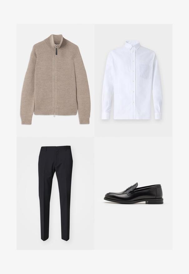 Beige knitted zip-up sweater with ribbed texture, high collar, and long sleeves. Features a metallic zipper and no additional patterns.; White long-sleeve button-up shirt made of cotton, featuring a chest pocket with tonal embroidery, a collar, and button cuffs.; Dark navy trousers with a slim fit. Made from smooth, textured fabric, featuring a flat front, belt loops, and side pockets.; Black leather loafers with a smooth texture, rounded toe, and a decorative strap across the vamp. Low stacked heel, minimalist design.