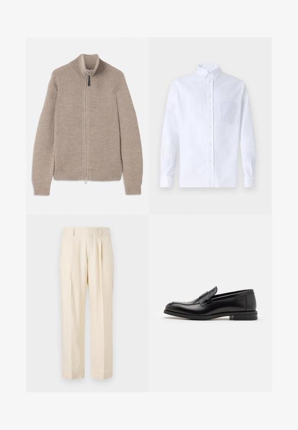Beige gestrickter Reißverschluss-Pullover mit gerippter Textur, hohem Kragen und langen Ärmeln. Verfügt über einen metallischen Reißverschluss und keine weiteren Muster.; Weißes Langarm-Hemd mit Knöpfen aus Baumwolle, ausgestattet mit einer Brusttasche mit tonalem Stickerei, einem Kragen und Knopfmanschetten.; NN.07 KAY - Stoffhose - off white; Schwarze Lederloafers mit glatter Textur, rundem Zehenbereich und einem dekorativen Riemen über dem Vorderfuß. Niedriger, gestapelter Absatz, minimalistisches Design.