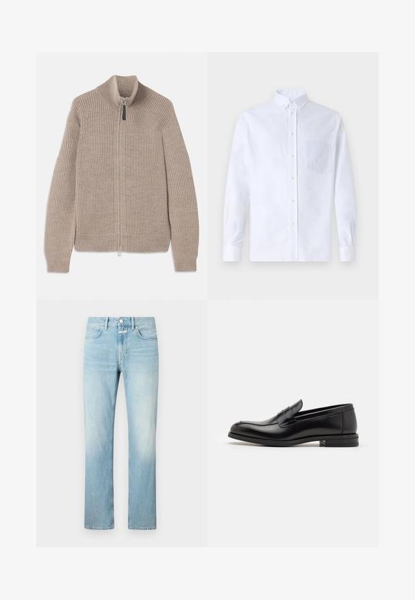 Beige gestrickter Reißverschluss-Pullover mit gerippter Textur, hohem Kragen und langen Ärmeln. Verfügt über einen metallischen Reißverschluss und keine weiteren Muster.; Weißes Langarm-Hemd mit Knöpfen aus Baumwolle, ausgestattet mit einer Brusttasche mit tonalem Stickerei, einem Kragen und Knopfmanschetten.; Hellblaue Denim-Jeans mit geradem Bein, ausgestattet mit einem klassischen Fünf-Taschen-Design und einem Knopfverschluss.; Schwarze Lederloafers mit glatter Textur, rundem Zehenbereich und einem dekorativen Riemen über dem Vorderfuß. Niedriger, gestapelter Absatz, minimalistisches Design.