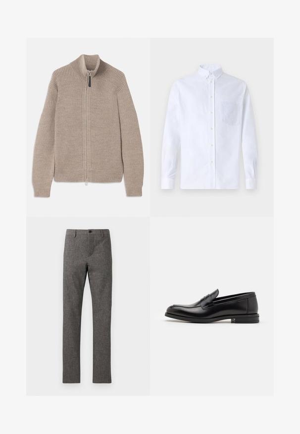 Beige knitted zip-up sweater with ribbed texture, high collar, and long sleeves. Features a metallic zipper and no additional patterns.; White long-sleeve button-up shirt made of cotton, featuring a chest pocket with tonal embroidery, a collar, and button cuffs.; Gray dress pants in a textured, woven fabric. Tailored fit with a flat front, zip fly, and single button closure. No additional pockets visible.; Black leather loafers with a smooth texture, rounded toe, and a decorative strap across the vamp. Low stacked heel, minimalist design.