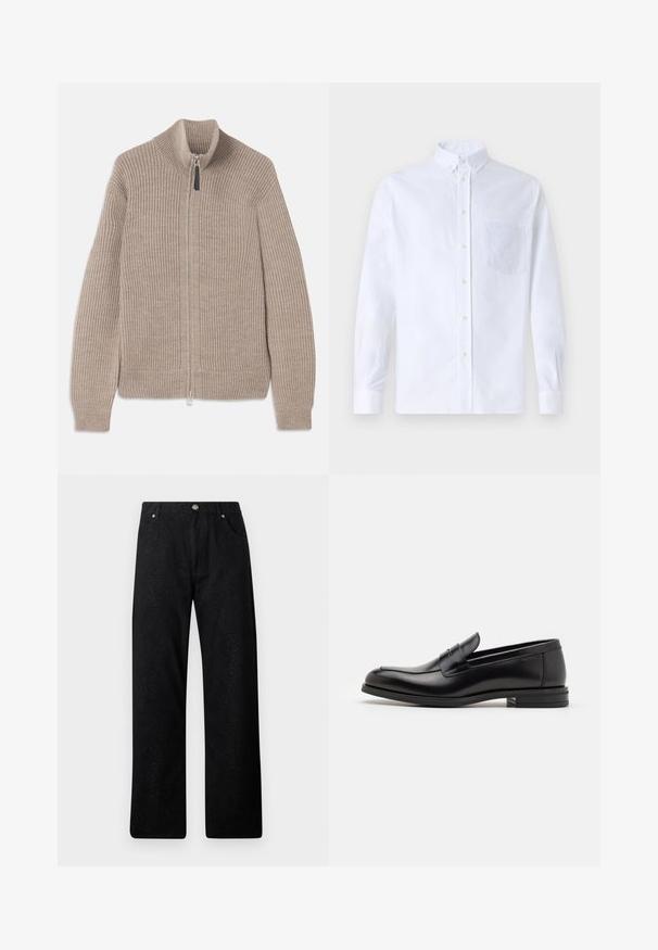 Pull zip en maille beige avec texture côtelée, col haut et manches longues. Doté d'une fermeture éclair métallique et sans motifs supplémentaires.; Chemise blanche à manches longues avec boutons en coton, présentant une poche poitrine avec broderie ton sur ton, un col et des poignets boutonnés.; Pantalons noirs avec un motif en cuir de serpent texturé, présentant une coupe droite, deux poches avant et une fermeture par bouton en métal.; Mocassins en cuir noir avec une texture lisse, bout rond et une sangle décorative sur le dessus. Talon bas empilé, design minimaliste.
