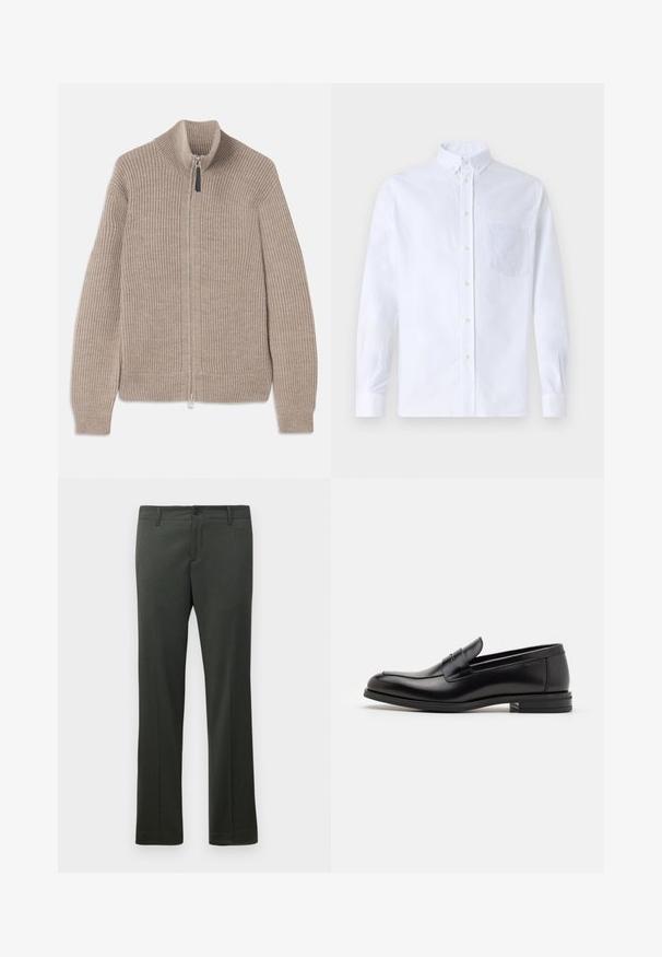 Bež kudumatega tõmblukuga sviitri, millel on ribade struktuur, kõrge krae ja pikad varrukad. Omab metallist tõmblukku ja ei sisalda lisamustreid.; Valge pikamaa varrukatega nööbiga särk, mis on valmistatud puuvillast ja millel on rinna tasku toon-toonis brodeeringuga, krae ja nööbiga mansetid.; Tumedat rohelised formal püksid, millel on vöörihmade augud, eesnuppude kinnitamine ja sirged sääred.; Mustad mustad nahast loafers sileda tekstuuriga, ümarat ninaosa ja dekoratiivne riba vampi üle. Madal kihiline konts, minimalistlik disain.