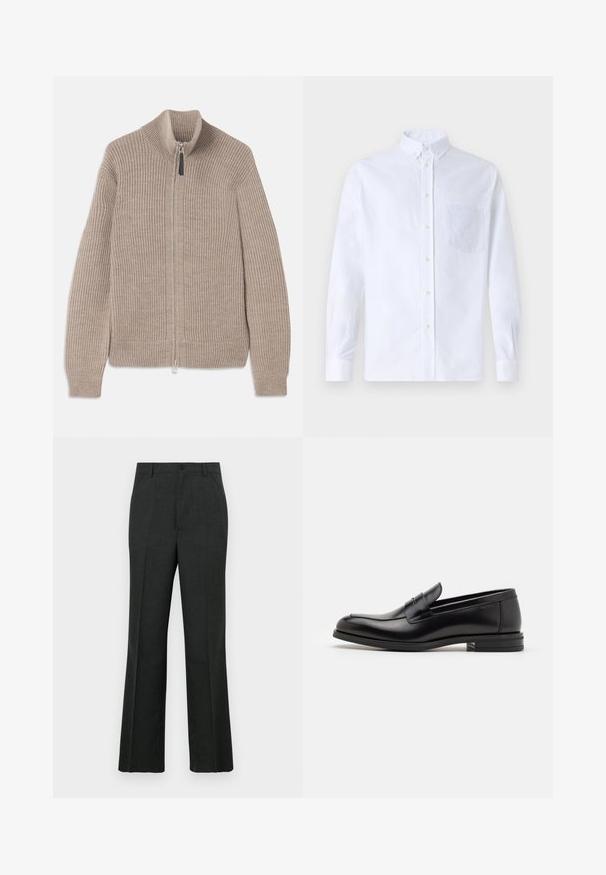 Pulover bej tricotat cu fermoar, cu textură ribbed, guler înalt și mâneci lungi. Prezintă un fermoar metalic și fără modele suplimentare.; Cămașă albă cu mânecă lungă, din bumbac, prevăzută cu un buzunar pe piept cu broderie tonală, guler și manșete cu buton.; Pantaloni din stofă gri închis, tăiați pe linie dreaptă, cu închidere prin nasture, buzunare frontale și un material texturat subtil.; Mocasini din piele neagră cu o textură netedă, vârf rotund și o curea decorativă peste partea superioară. Toc mic, design minimalist.