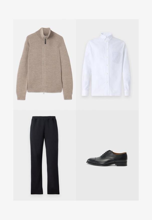 Bežinė megzta užtrauktuku užsegama megztinė, su raukšlėta tekstūra, aukštu apykaklės ir ilgomis rankovėmis. Sukurta su metaliniu užtrauktuku ir be papildomų raštų.; Balta ilga rankovė mygtukų marškiniai, pagaminti iš medvilnės, su krūtine kišene ir toniniu siuvinėjimu, apykakle ir mygtukų apvadu.; Juodos tiesios kojų sportinės kelnės su elastingu juosmeniu, išdėstytos plokščiai ant baltos fono.; Juodas odinis batelis su lygiu paviršiumi, apvaliu priekiniu galu, penkiomis skylutėmis raištams ir žemu blokiniu kulnu. Minimalistinis dizainas su subtiliomis siūlėmis.