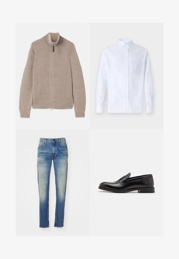 Bež pleteni dukserica sa patentnim zatvaračem, rebrastom teksturom, visokim ovratnikom i dugim rukavima. Ima metalni patentni zatvarač i nema dodatnih uzoraka.; Bijela košulja s dugim rukavima na dugme, izrađena od pamuka, s džepom na prsima s ton-sur-ton vezom, ovratnikom i dugmadi na manžetama.; Svijetloplave traperice ravnog kroja, s izblijedjelim pranjem, pet džepova i gumbom za zakopčavanje u struku.; Crni kožni mokasini s glatkom teksturom, zaobljenim prstima i ukrasnom trakom preko prednjeg dijela. Niski slojeviti potplat, minimalistički dizajn.
